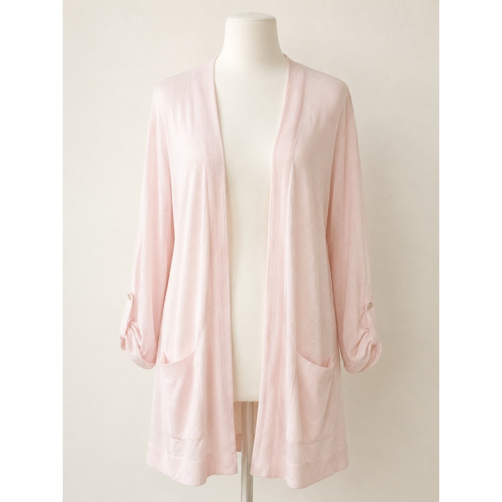 Chico's Pink Open Front Cardigan Sweater Size 3 Button Tab 3/4 Sleeve Pockets XL